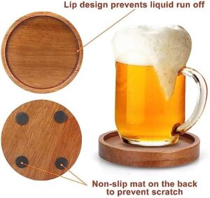 6 Pcs Best Wooden Coasters with Holder Coffee Table Decor Acacia Wood Coaster Set Modern Cup Coaster for Drink Home Dining Table Kitchen Accessories Cute Beer Bar Decorative Rustic Outdoor Coasters - Image 4