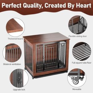 Dog Crate Furniture, 32" Dog Kennel Furniture, Small Dog Kennel Indoor, Dog Crates for Small Dogs, Wooden Dog Crate with Wheels, Tray, Feeding Window - Image 4