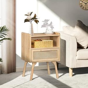 Lerliuo Rattan Nightstand, Boho Side Table with Drawer Open Shelf, Cane Accent Bedside End Table with Solid Wood Legs for Bedroom, Dorm and Small Spaces (Natural) - Image 2