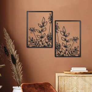 Therwen 3 Pcs Black Metal Wall Art Minimalist Wall Decor for Bedroom Flowers Decor Hanging Flower Bathroom Art Flower Line Sculpture Kitchen Decoration 16.5 x 9.8 Inch(Cute Style) - Image 2