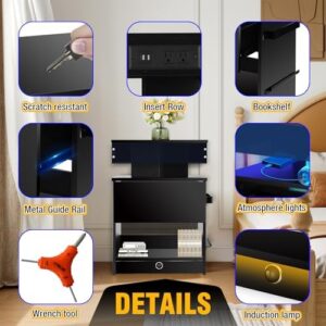 Nightstand Set 2,Nightstand with Charging Station,Induction Light and LED Light,Bedside Table with Drawers,Modern Nightstand End Side Table for Bedroom,Nightstands with Bookshelf,Black - Image 7