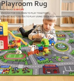 Kids Rug 3'3" x 5'2" City Life Playmat Area Rug Car City Map Washable Traffic Road Educational Learning Nursery Rug Carpet for Children Playroom Living Room Bedroom Classroom Decor Green - Image 5