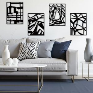 twinklemon Abstract Metal Wall Art 4PCS Minimalist Art Decoration 3D Abstract Wall Sculptures Black Single Line Home Decor Modern Large Wall Art for Living Room Bedroom Bathroom Office Study