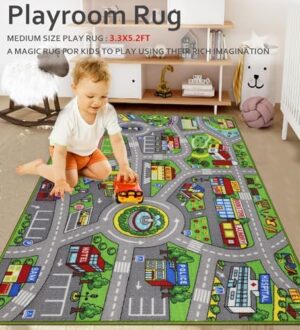 Kids Rug 3'3" x 5'2" City Life Playmat Area Rug Car City Map Washable Traffic Road Educational Learning Nursery Rug Carpet for Children Playroom Living Room Bedroom Classroom Decor Green - Image 4