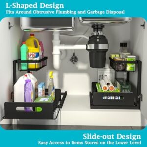 REALINN Under Sink Organizer, Pull Out Cabinet Organizer Slide Out Sink Shelf Cabinet Storage Shelves, Storages for Kitchen Bathroom, Black, 2 Pack - Image 3