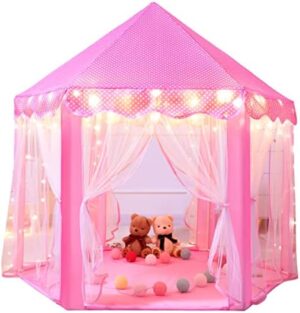 Sumbababy Princess Castle Tent for Girls Fairy Play Tents for Kids Hexagon Playhouse with Fairy Star Lights Toys for Children or Toddlers Indoor or Outdoor Games (Pink)