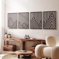 Glamativity 4 Pcs Black Abstract Mountain Line Metal Wall Art, 17 x 12'' Minimalist Décor Single Line Art Wall Décor, 3D Textured Sculptures, Decorative Forest Nature Abstract Line Minimalist Wall Décor Hanging for Living Room Bedroom Bathroom Study(Black, M Size 17 x 12'')
