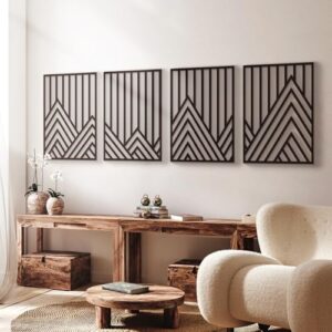 Glamativity 4 Pcs Black Abstract Mountain Line Metal Wall Art, 17 x 12'' Minimalist Décor Single Line Art Wall Décor, 3D Textured Sculptures, Decorative Forest Nature Abstract Line Minimalist Wall Décor Hanging for Living Room Bedroom Bathroom Study(Black, M Size 17 x 12'')