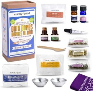 Earthy Good DIY Bath Bomb Kit With Organic Ingredients 100% Natural Includes: Essential Oils, Dried Rose, Chamomile & Lavender, Molds, Guide & More- Includes Furoshiki Cloth- Makes 10 Mini Bath Bombs