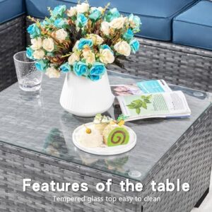 Shintenchi 3 Pieces Patio Furniture Set,All-Weather Rattan Patio Conversation Set,Outdoor Sectional Silver Wicker Patio Couch with Washable Cushions and Glass Coffee Table(Navy Blue) - Image 5