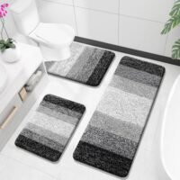 OLANLY Bathroom Rugs Sets 3 Piece, Soft Absorbent Microfiber Bath Mats and U-Shaped Contour Toilet Rug, Plush Shaggy Bath Mat Set for Bathroom (47"x20"+24"x16"+24"x20", Black)