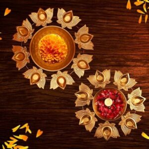 Kalakriti 2 Pcs Metal Diya Shape Urli Bowl Flower Indian Decorative for Home | Home Floating Tea Light Candles | Table Decor | Diwali Navratri Pooja Decoration Items |12 Inch Each