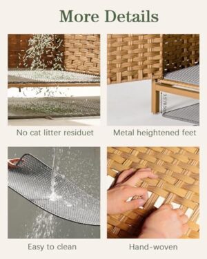 Cat Litter Box Enclosure Hidden Litter Box Furniture with Metal Heightened Feet, Rattan Handwoven Cat House with Litter Mat, Hidden Litter Box Furniture for Bedroom Living Room Natural - Image 6