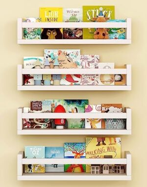 Set of 4 Wall-Mounted Kid's Bookshelf - White Floating Nursery Book Shelves - Durable Wood Construction - Ideal for Nursery Decor, Kids Room, Toy Storage