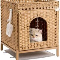 Cat Litter Box Enclosure Hidden Litter Box Furniture with Metal Heightened Feet, Rattan Handwoven Cat House with Litter Mat, Hidden Litter Box Furniture for Bedroom Living Room Natural