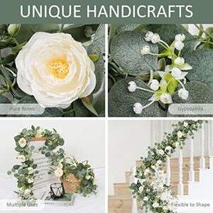 TOCHGREEN 4 Pack Artificial Eucalyptus Flower Garland with White Roses, Fake Rose Flower Greenery Garland Floral Vines for Wedding Home Party Table Runner Decor (4PCS, White) - Image 3