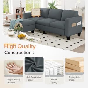 ZeeFu Convertible Sectional Sofa Couch,Classic 3 Seat L-Shaped Sofa with Movable Ottoman, Modern Dark Grey Velvet Fabric Upholstered Small Sectional Sofa Couch for Small Apartment Living Room Office - Image 5