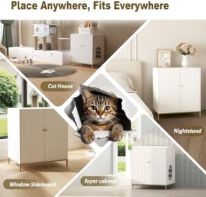 Stylish Cat Litter Box Enclosure, Modern Hidden Litter Box Furniture with Tall Legs, Side Entrance, and Dual Use as End Table for Living Room or Bedroom (White & Gold) - Image 6