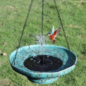 Solar Fountain Ceramic Hanging Bird Bath,Bird Bath for Ourside,Outdoor Fountain Bird Bath,Garden and Home Decor