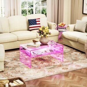 Acrylic Coffee Table for Living Room Clear Rectangle Lucite Table with Open Storage Shelf (1, Pink, Large) - Image 6
