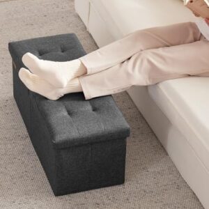 HAUSFRAU 31.5 Inches Ottoman with Storage Bench, Folding Ottoman Bench Small Foot Rest Stool, Bedroom Bench with Flipping Lid, Linen Dark Gray - Image 5
