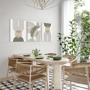 Sage Green Boho Wall Art Set of 3, Minimalist Framed Wall Art Geometric Line Leaf Sun Moon Beige Green Canvas Artwork Paintings, Abstract Botanical Boho Room Decor, Office, 12"x16" - Image 5