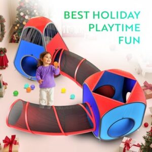 Playz 4pc Pop Up Play Tent and Tunnel Bundle for Toddlers and Kids - Indoor & Outdoor Playhouse with Storage Bag, Red & Blue - Image 4