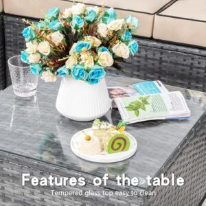 Shintenchi 3 Pieces Patio Furniture Set,All-Weather Rattan Patio Conversation Set,Outdoor Sectional Silver Wicker Patio Couch with Washable Cushions and Glass Coffee Table(Khaki) - Image 5