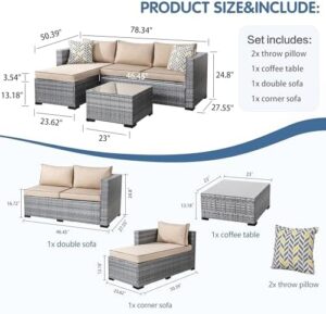 Shintenchi 3 Pieces Patio Furniture Set,All-Weather Rattan Patio Conversation Set,Outdoor Sectional Silver Wicker Patio Couch with Washable Cushions and Glass Coffee Table(Khaki) - Image 2