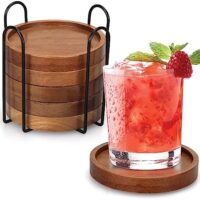 6 Pcs Best Wooden Coasters with Holder Coffee Table Decor Acacia Wood Coaster Set Modern Cup Coaster for Drink Home Dining Table Kitchen Accessories Cute Beer Bar Decorative Rustic Outdoor Coasters