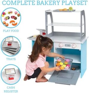Wooden Bakery Playset Pretend Stand for Kids - 25 Piece Bake Shop Cafe Counter with Food, Donuts, Cake, Chalkboard, Cash Register, Trays & More- Durable Construction for Creative Playtime- Girls Gift - Image 2