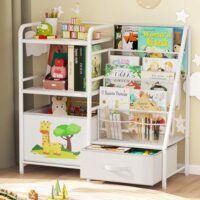 BBLIKE Kids Bookshelf and Toy Storage Organizer - 4 Tier Book Shelf with Movable Toy Box for Kids Rooms, Ideal Bookcase and Toy Organizer for Playroom, Bedroom, Nursery(PVC)