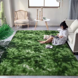 DweIke Extra Large Fuzzy Rug Fluffy Carpets, 8x10 Feet Tie-Dye Dark Green Rugs for Living Room Bedroom Girls Kids Room Nursery Home Decor, Non-Slip Floor Carpet, Dark Green