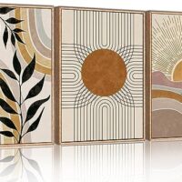 HPINUB Boho Framed Canvas Wall Art Prints, Set of 3 Mid Century Modern Wall Decor, Nature Plants Desert Sun Art Paintings, Bohemian Artwork for Living Room, Bedroom, Dining Room, Office - 16"x24"x3