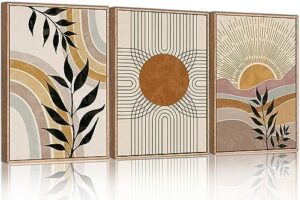 HPINUB Boho Framed Canvas Wall Art Prints, Set of 3 Mid Century Modern Wall Decor, Nature Plants Desert Sun Art Paintings, Bohemian Artwork for Living Room, Bedroom, Dining Room, Office - 16"x24"x3
