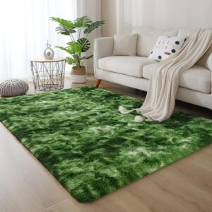 DweIke Extra Large Fuzzy Rug Fluffy Carpets, 8x10 Feet Tie-Dye Dark Green Rugs for Living Room Bedroom Girls Kids Room Nursery Home Decor, Non-Slip Floor Carpet, Dark Green - Image 4