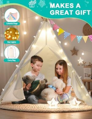 Sumbababy Teepee Tent for Kids Indoor - Natural Canvas Kids Play Tent - Washable Tipi Sleepover Tents with Lights & Carry Bag, Outdoor Toddler Tents for Girls & Boys - Foldable Playroom Gift Toys - Image 3