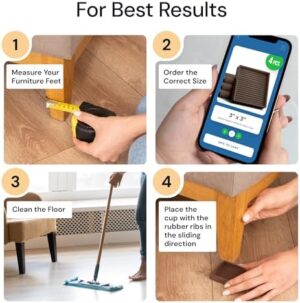 CasterMaster Non-Slip Furniture Pads Square Rubber Anti-Skid Caster Cups, Leg Coasters - Anti-Sliding Floor Protectors for Furniture (Brown, 2'' x 2'' - 4 Pack) - Image 8