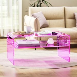 Acrylic Coffee Table for Living Room Clear Rectangle Lucite Table with Open Storage Shelf (1, Pink, Large) - Image 7