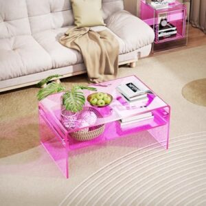 Acrylic Coffee Table for Living Room Clear Rectangle Lucite Table with Open Storage Shelf (1, Pink, Large) - Image 4
