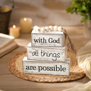 4 Pcs Farmhouse Wooden Tabletop Decor Farmhouse Tiered Tray Decor Rustic Retro Wood Bead Garland with God All Things are Possible Block Sign Neutral Centerpiece Sign for Home Shelf Mantle - Image 2