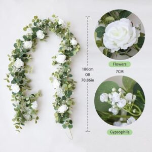 Anna's Whimsy 2PCS 5.91FT Artificial Eucalyptus Garland with Flowers, Fake Rose Gypsophila Garland, Faux Floral Garland Greenery Garland for Wedding Spring Home Party Table Runner Decor(White) - Image 3
