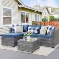 Shintenchi 3 Pieces Patio Furniture Set,All-Weather Rattan Patio Conversation Set,Outdoor Sectional Silver Wicker Patio Couch with Washable Cushions and Glass Coffee Table(Navy Blue)
