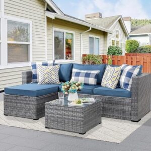 Shintenchi 3 Pieces Patio Furniture Set,All-Weather Rattan Patio Conversation Set,Outdoor Sectional Silver Wicker Patio Couch with Washable Cushions and Glass Coffee Table(Navy Blue)