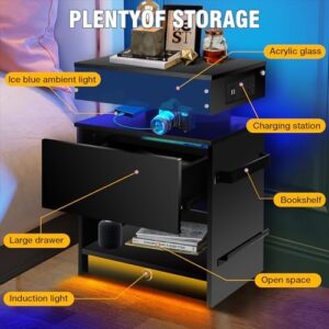 Nightstand Set 2,Nightstand with Charging Station,Induction Light and LED Light,Bedside Table with Drawers,Modern Nightstand End Side Table for Bedroom,Nightstands with Bookshelf,Black - Image 6