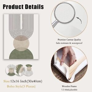 Sage Green Boho Wall Art Set of 3, Minimalist Framed Wall Art Geometric Line Leaf Sun Moon Beige Green Canvas Artwork Paintings, Abstract Botanical Boho Room Decor, Office, 12"x16" - Image 6