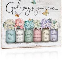 Inspirational Bible Verse Wall Art: God Says You Are Wall Sayings Flowers in Mason Jar Picture Print Christian Gift Quotes Poster for Women Girl Bedroom Decor 12" x 15"