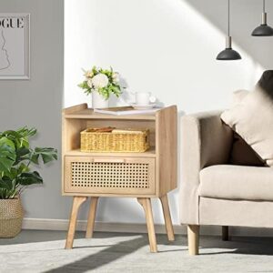 Lerliuo Rattan Nightstand, Boho Side Table with Drawer Open Shelf, Cane Accent Bedside End Table with Solid Wood Legs for Bedroom, Dorm and Small Spaces (Natural) - Image 4