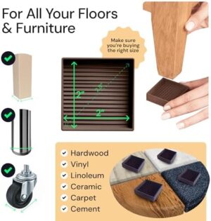 CasterMaster Non-Slip Furniture Pads Square Rubber Anti-Skid Caster Cups, Leg Coasters - Anti-Sliding Floor Protectors for Furniture (Brown, 2'' x 2'' - 4 Pack) - Image 4