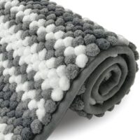 HDFK Bath Mat & Bathroom Rugs, Ultra Soft Chenille Popcorn, Super Absorbent & Non-Slip, Odorless Hot Melt Adhesive Carpet, Striped Shower Rug for Bathtub Floors (32X20 Inch, Black Gray, White)